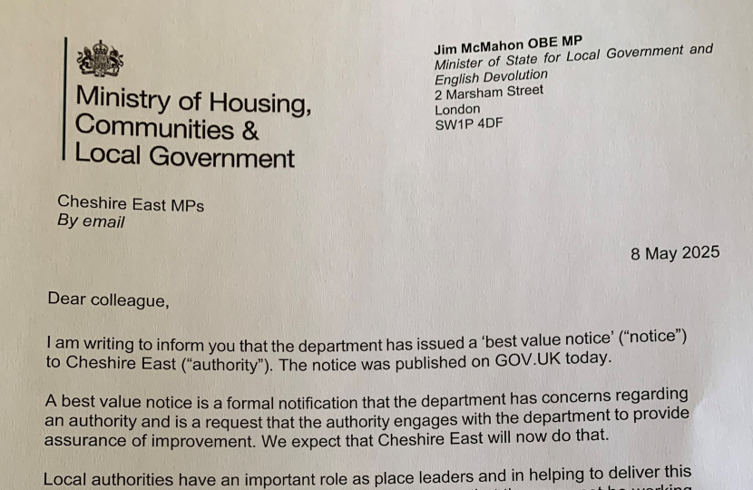 cheshire east letter from government