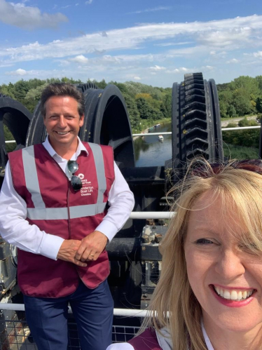 Esther McVey on a visit to the Boat Lift in 2020 with the then Minister for Cultrre, Nigel Hudlestone